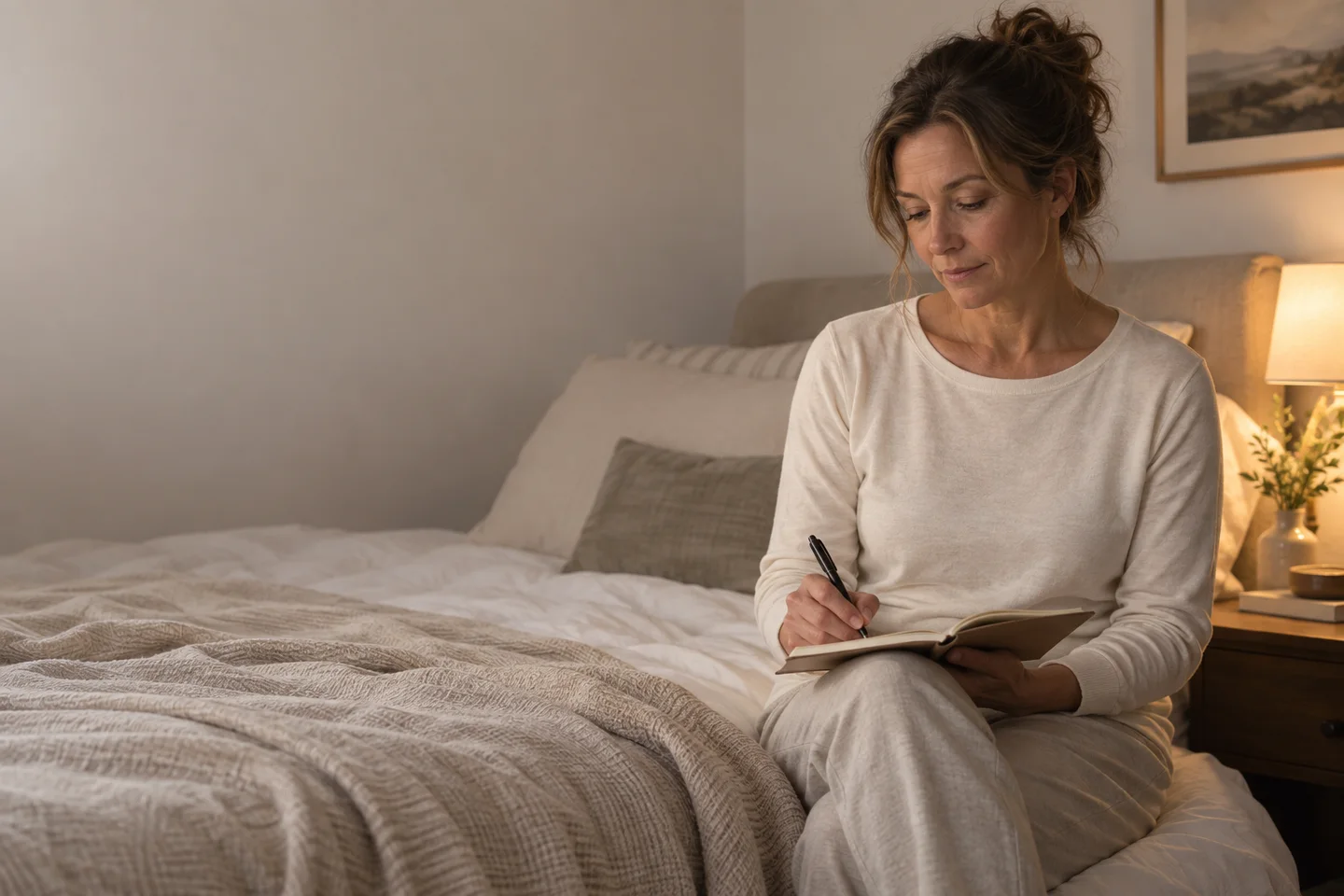 Illustrative evening routine: a woman writing in a notebook beside her bed.
