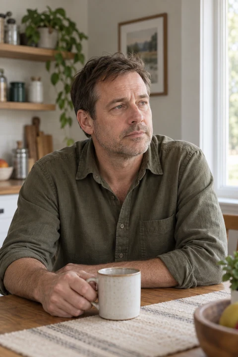 Man sitting at a kitchen table with a mug, looking out of a window.