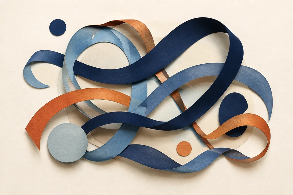 Editorial illustration of interwoven blue and copper paper ribbons; not a brain diagram.
