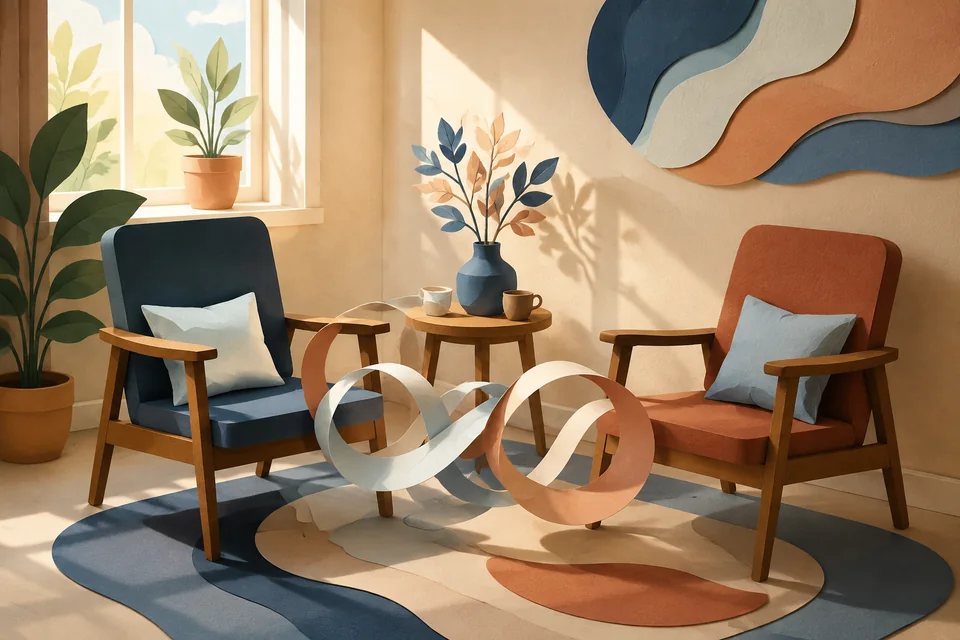Editorial illustration of two chairs and interwoven paper forms.