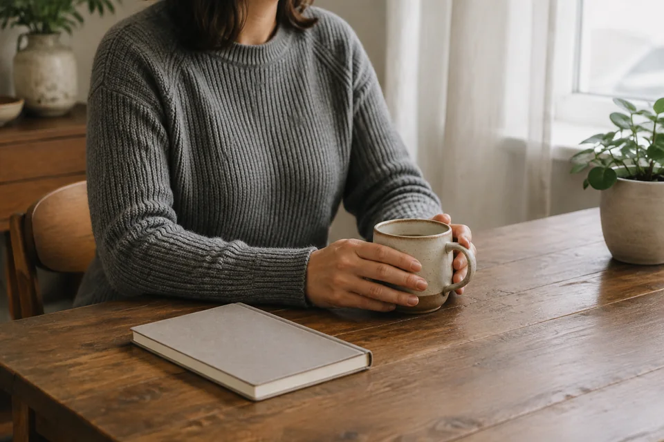 Illustrative photograph of a person taking a quiet break with a notebook and tea.