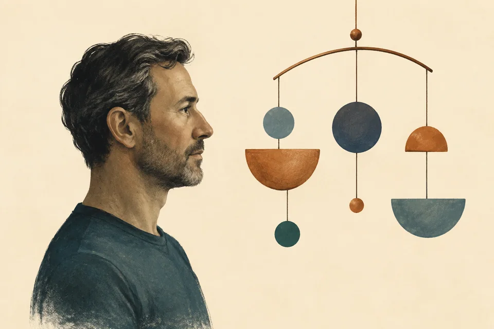 Editorial illustration of a man's profile beside a balanced hanging mobile.