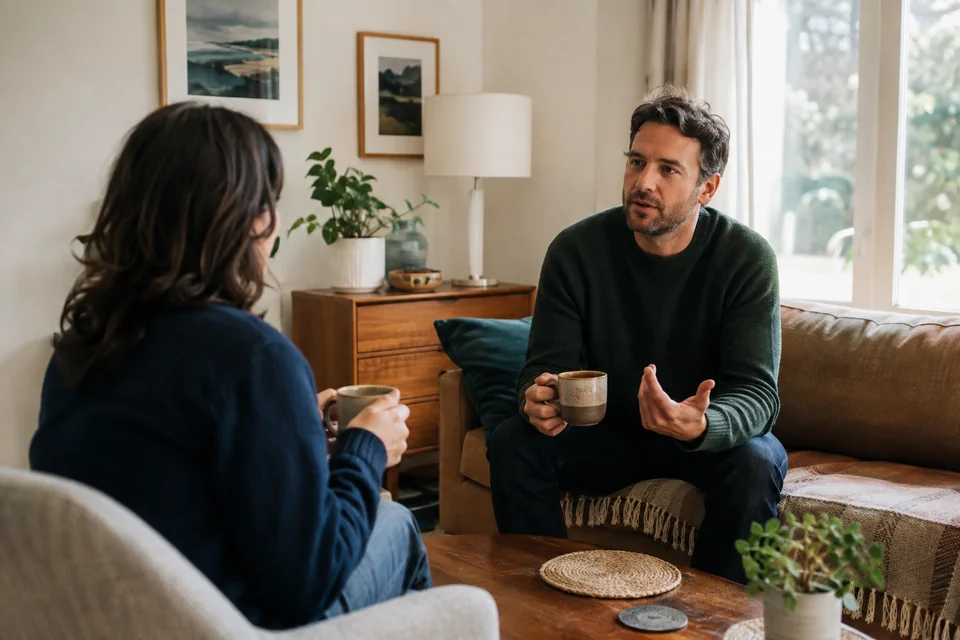 Illustrative photograph of two adults talking together at home.