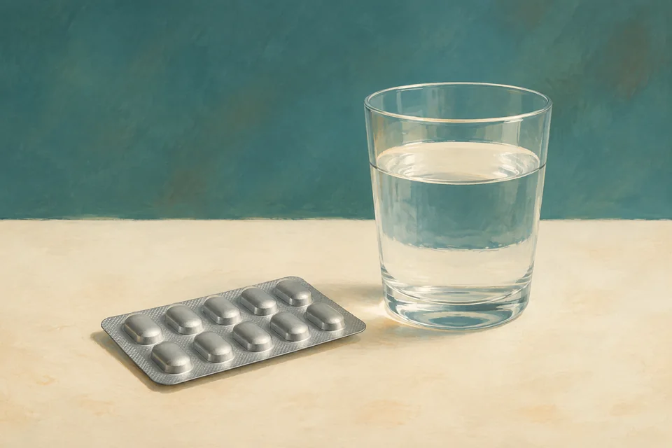 Editorial illustration of a sealed medicine blister beside a glass of water.