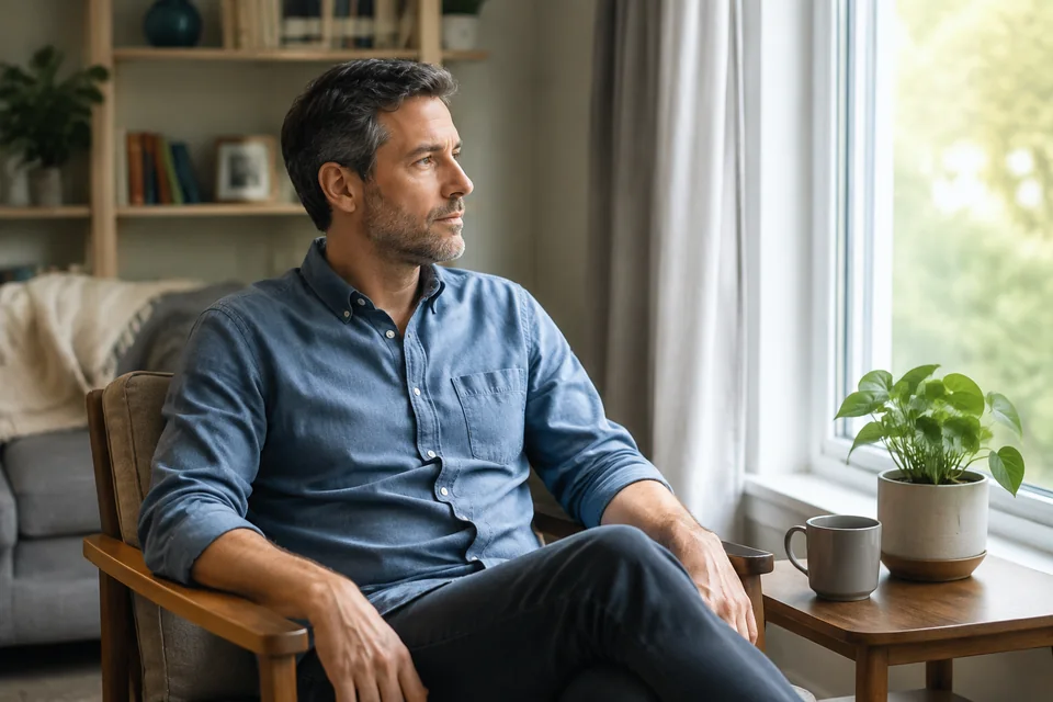 Illustrative photograph of a man sitting beside a window at home.