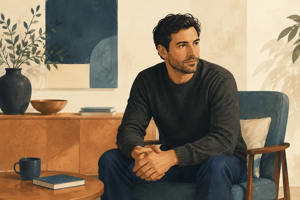Editorial illustration of a man seated thoughtfully in an armchair.