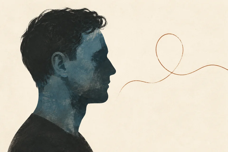 Editorial illustration of a head in profile beside a loosely looping thread.