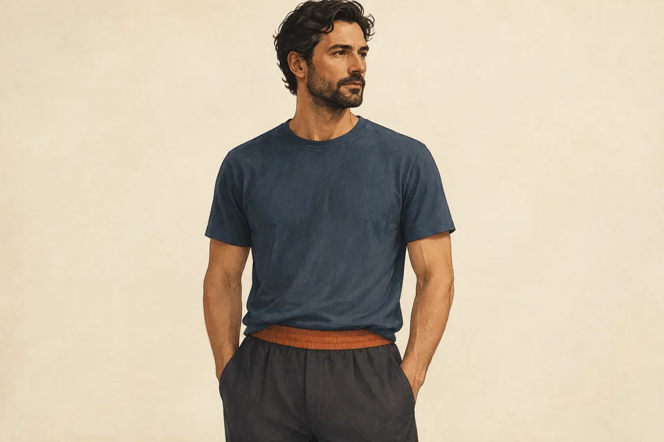 Editorial illustration of a clothed man in a blue T-shirt and copper-waisted trousers.