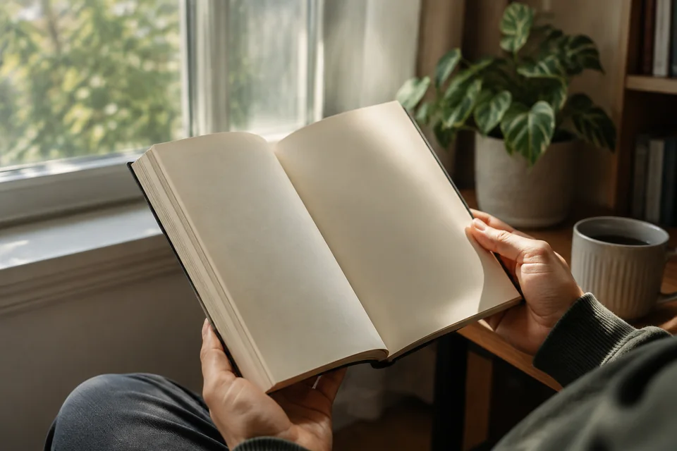 Illustrative photograph of hands holding an open, unprinted book.
