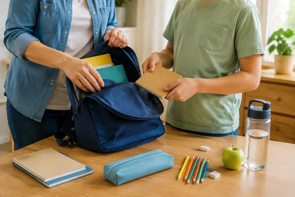 Illustrative photograph of a parent and child preparing a school bag.