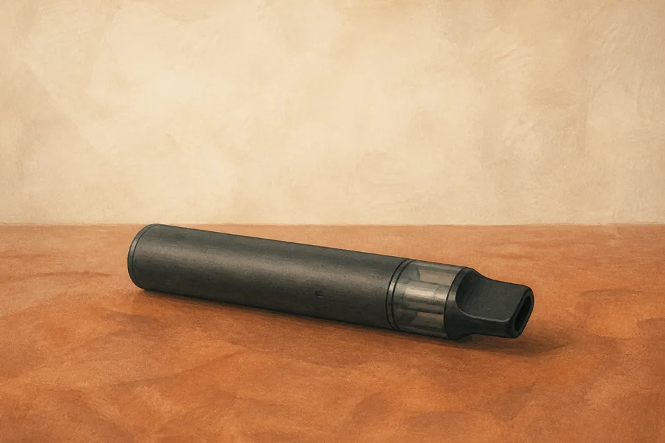 Editorial illustration of an unused, unbranded vape resting on a tabletop.