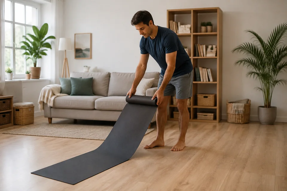 Illustrative scene of a man unrolling an exercise mat in a living room.
