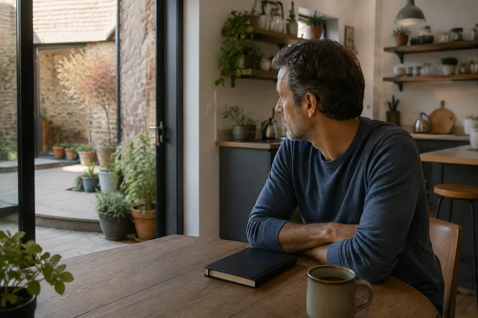 Illustrative scene of a man at a kitchen table looking toward a courtyard, beside a closed notebook.