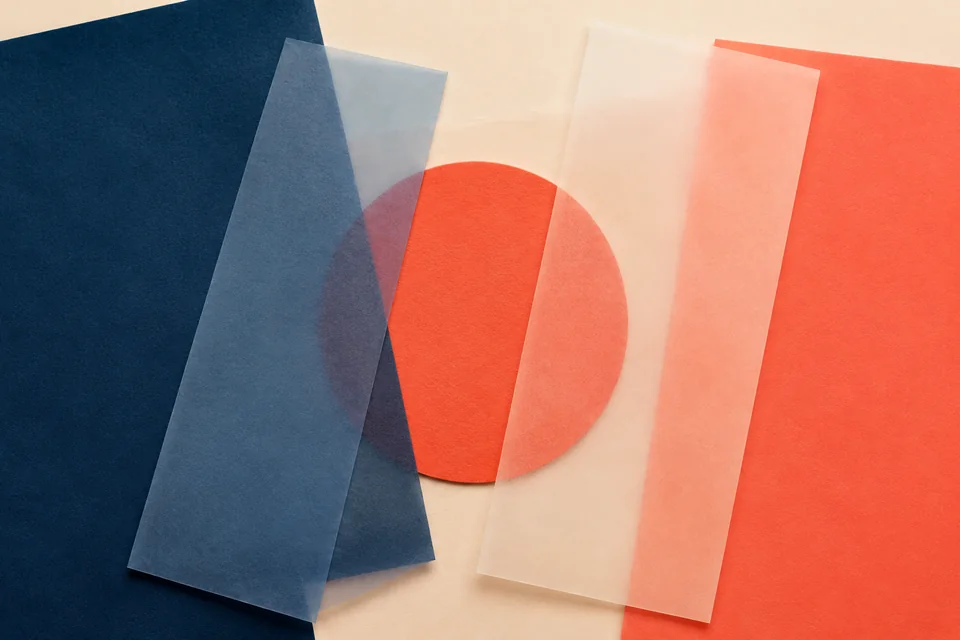 Editorial illustration of translucent panels overlapping a coral circle on navy and cream paper.