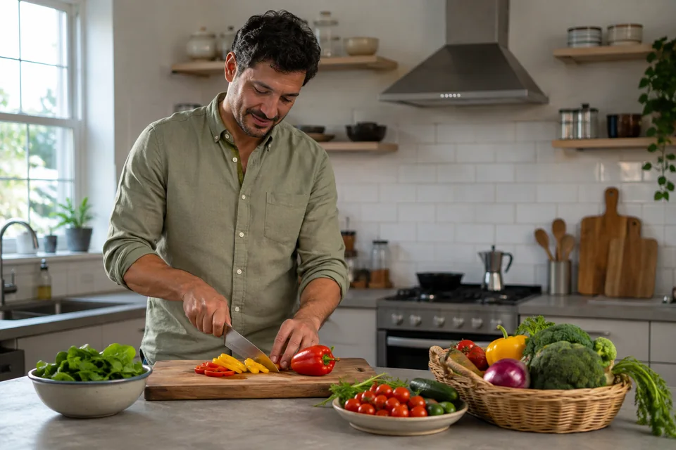 Illustrative scene of a man preparing colourful vegetables in a home kitchen.
