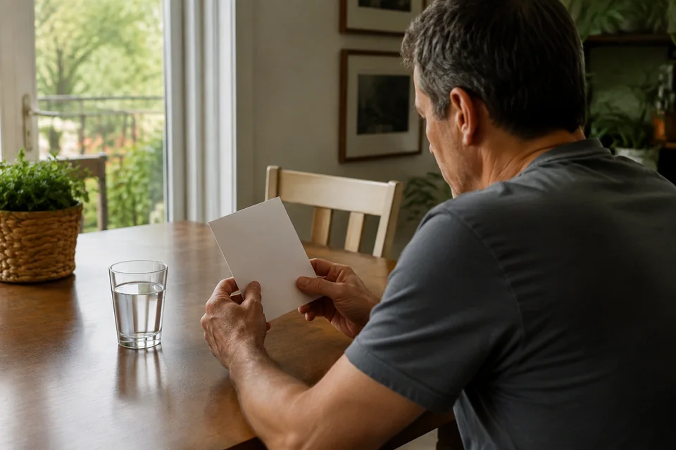 Illustrative scene viewed over a man's shoulder as he holds a plain leaflet beside a glass of water.