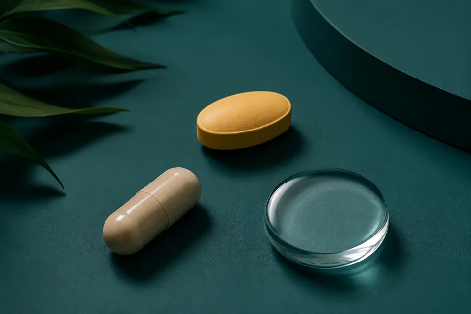 Editorial illustration of a plain capsule shape, yellow oval and glass circle on a deep teal surface.