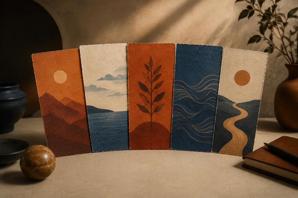 Editorial illustration of five upright textured paper panels showing abstract landscapes, a branch and waves.