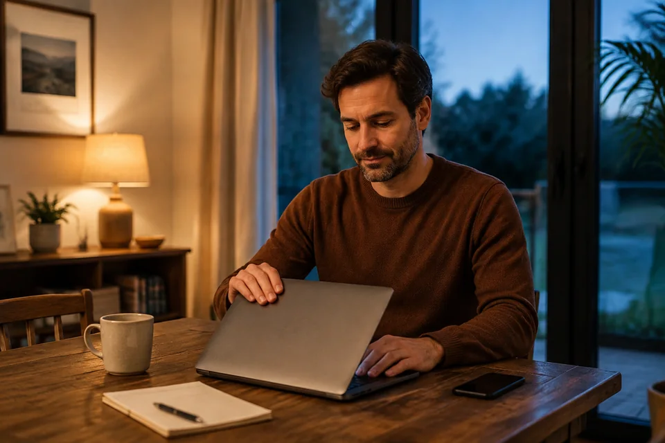 Illustrative scene of a man closing a laptop at a home table in evening light.