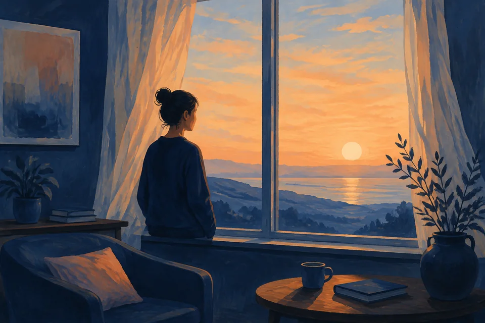 Editorial illustration of a figure beside a window looking toward an apricot sky and distant water.