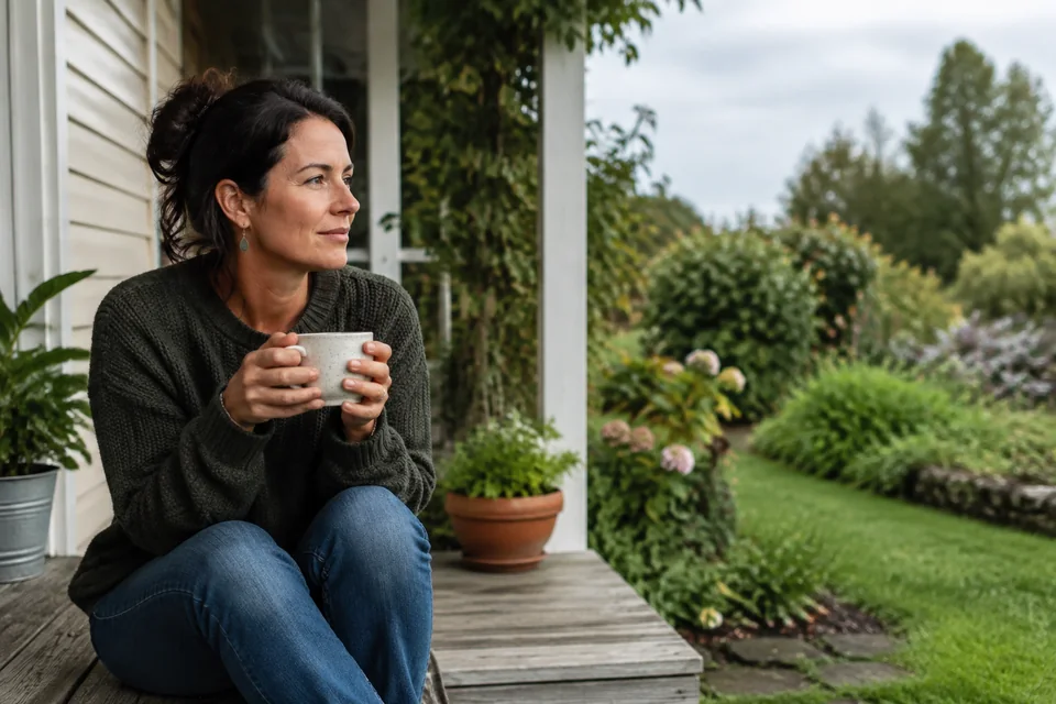 Illustrative scene of a woman holding a ceramic cup on a veranda step beside a leafy garden.