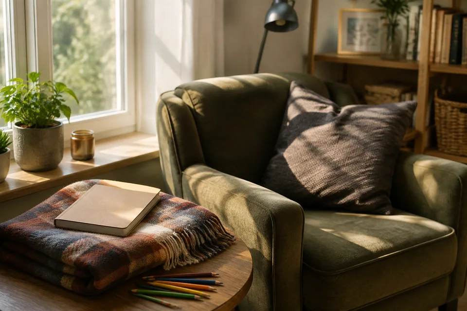 Illustrative still life of a folded blanket, closed sketchbook and coloured pencils beside a sunlit armchair.