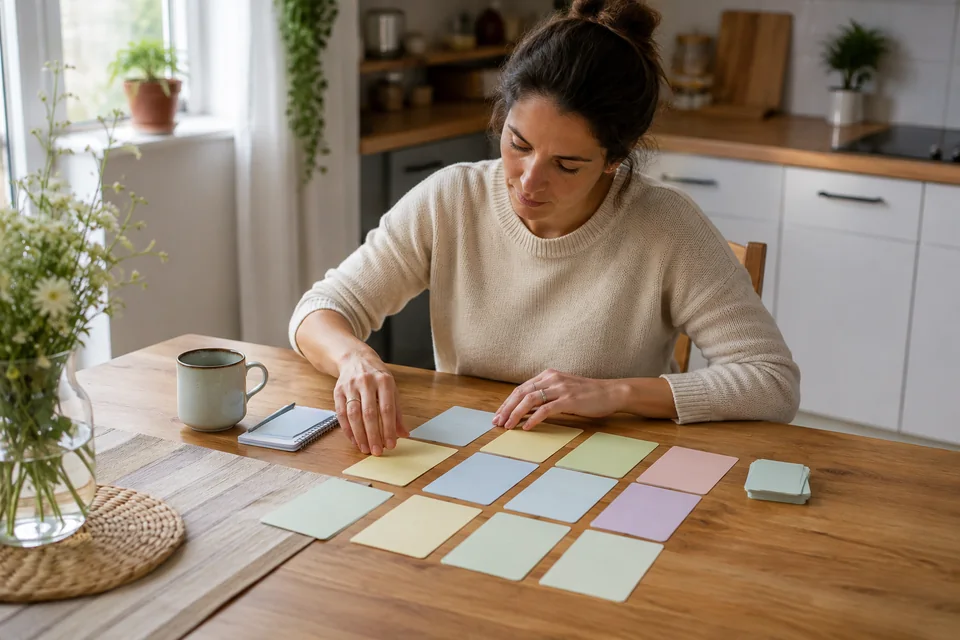 Illustrative scene of a woman arranging plain coloured cards at a kitchen table.