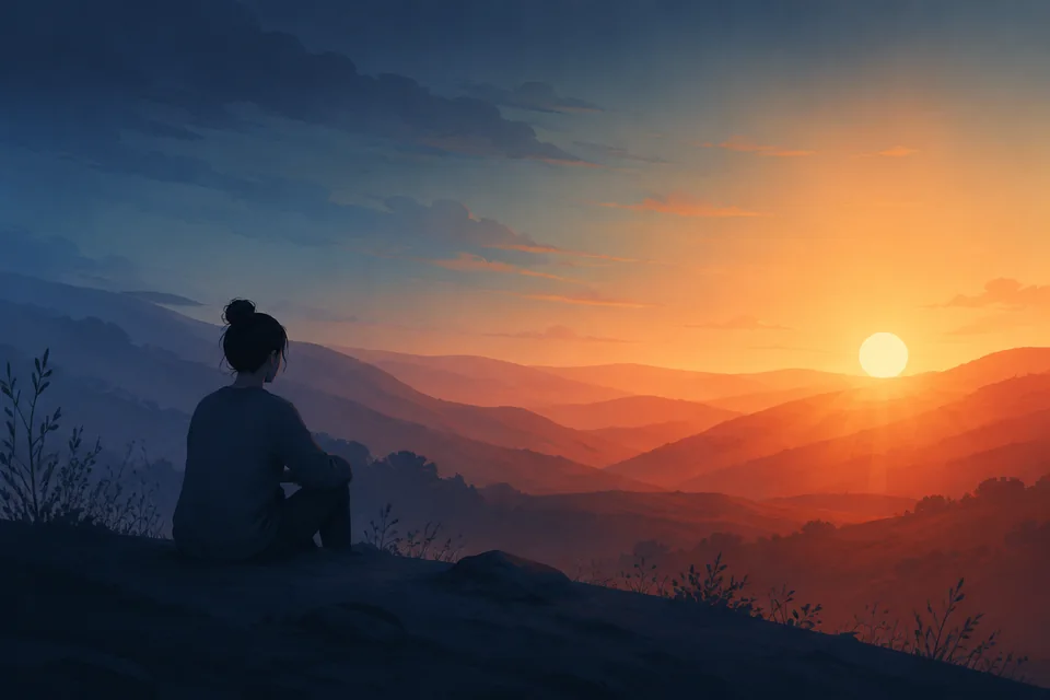 Editorial illustration of a seated figure overlooking layered navy and terracotta hills at sunrise.