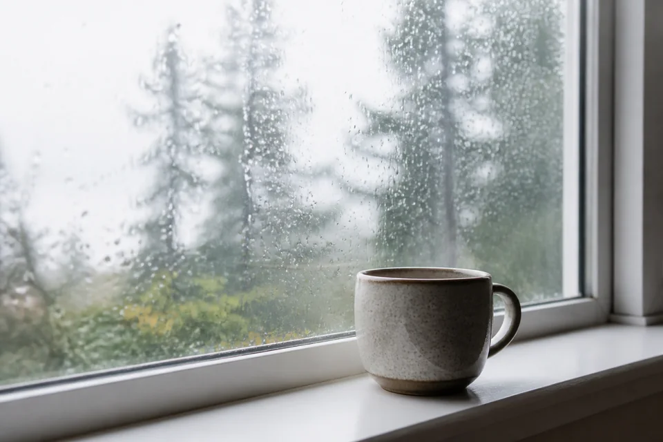 Illustrative still life of a ceramic cup on a windowsill beside rain-speckled glass and blurred trees.