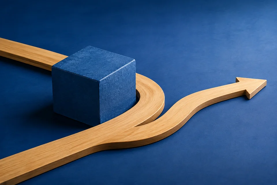 Illustrative wooden arrow curving around a blue block on a blue surface.
