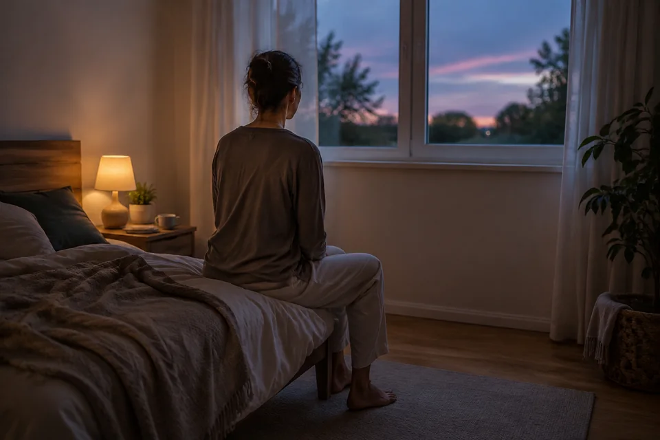 Illustrative scene of an adult sitting on the edge of a bed and looking toward a dusk window.