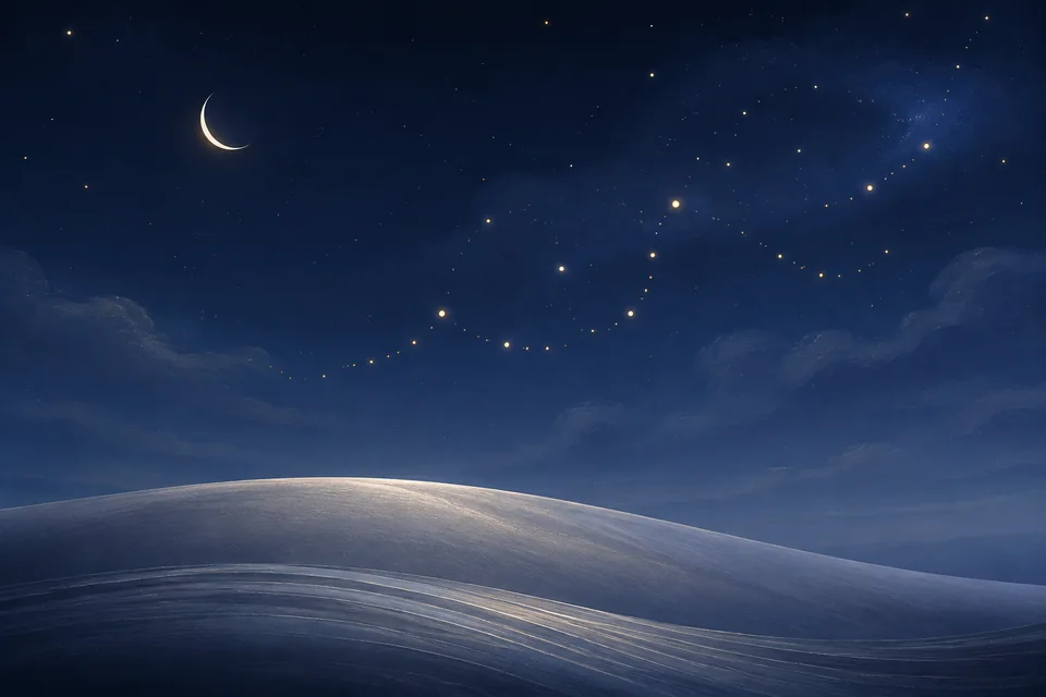 Illustrative blue night sky with warm star-like dots above a curved silver horizon.