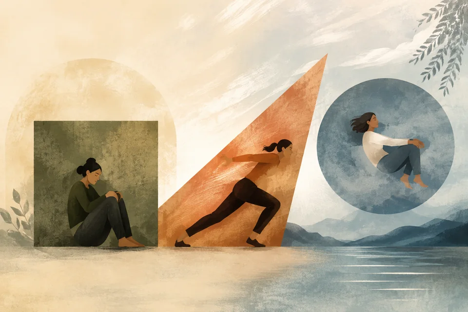 Illustrative collage of three women in different poses against a square, wedge and circle.