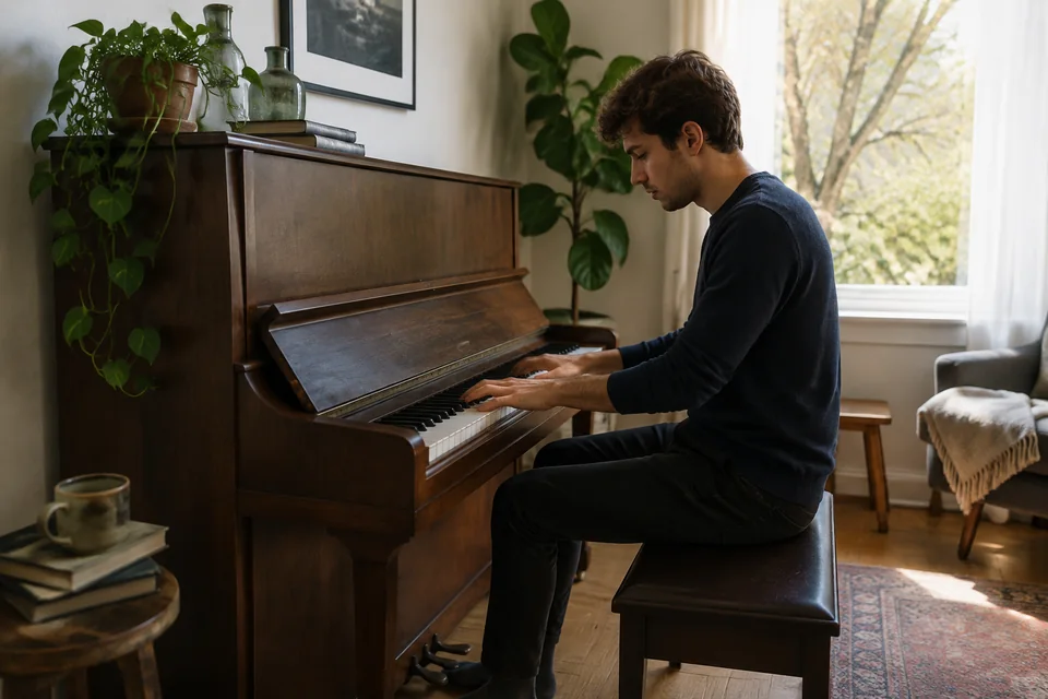 Illustrative scene of a man playing an upright piano in a sunlit home.