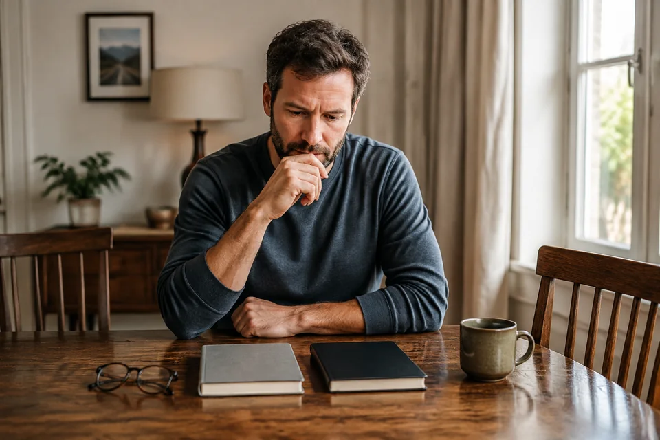 Illustrative scene of a man considering two closed notebooks at a dining table.