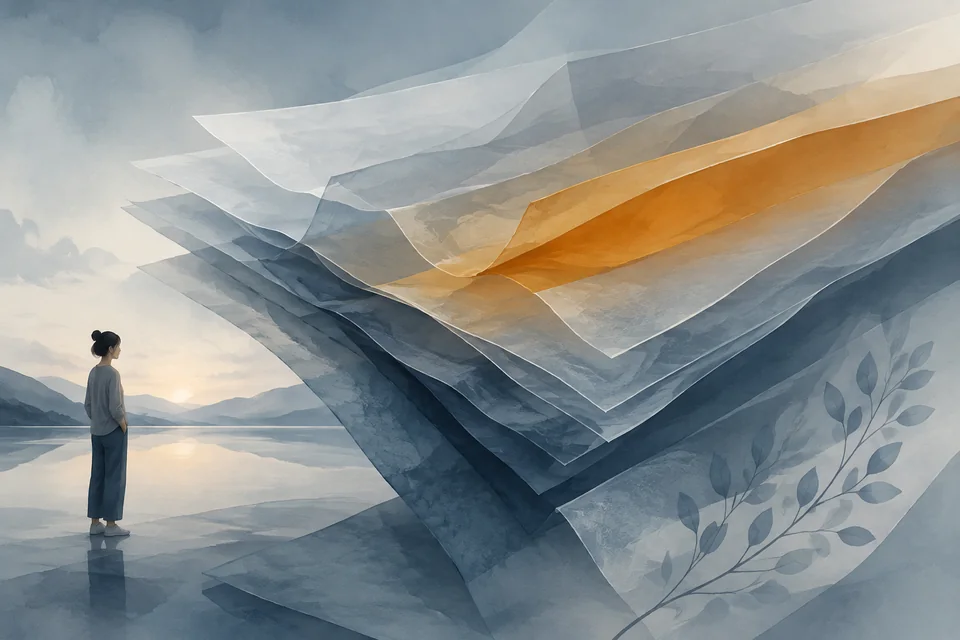Illustrative layered translucent blue-grey and amber sheets above a small standing figure.