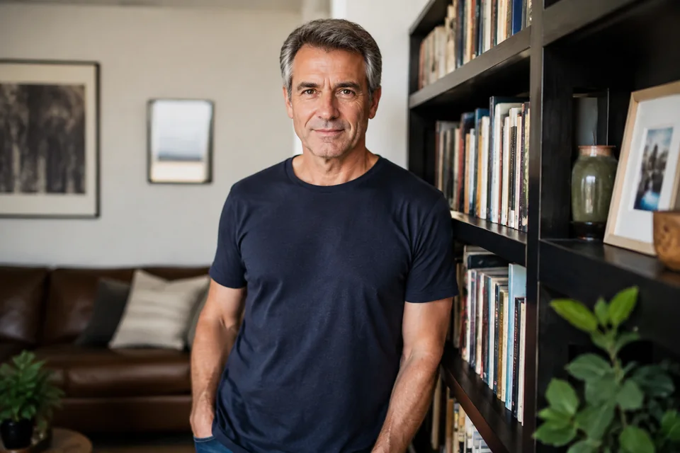 Illustrative portrait of a middle-aged man in a navy shirt beside a home bookshelf.