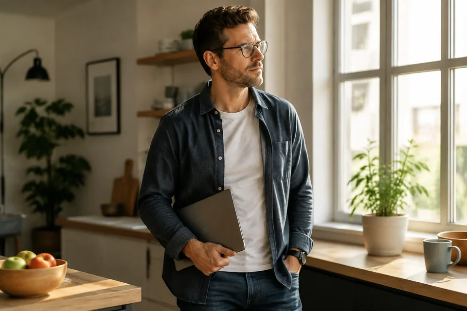 Illustrative scene of a man with glasses holding a closed device beside a kitchen window.