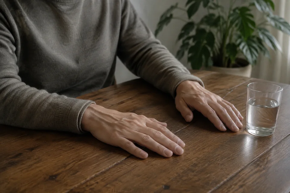 Illustrative photograph of an adult resting both hands on a wooden table beside a glass of water.