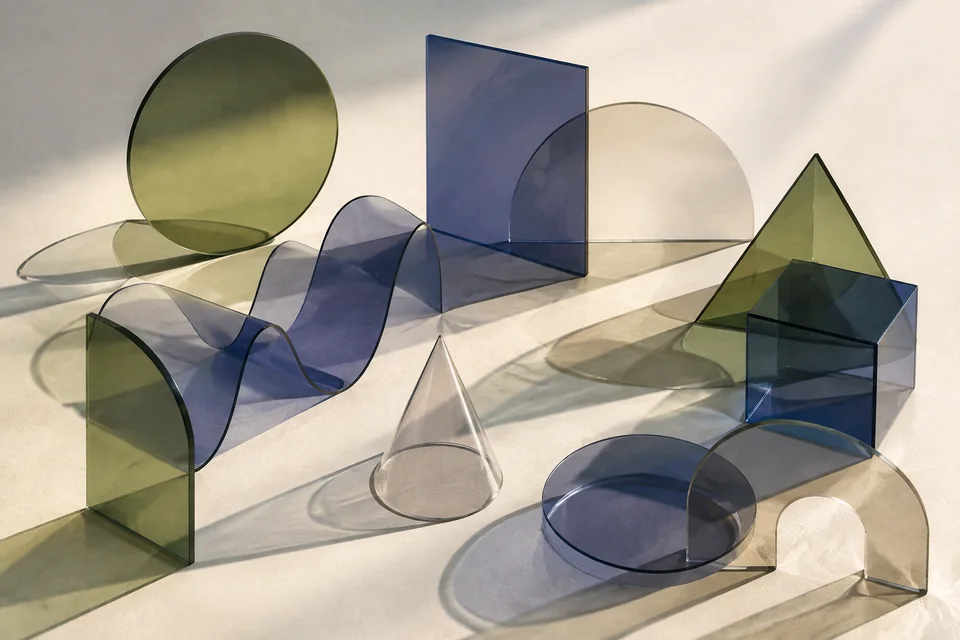 Illustrative composition of translucent green, blue and cream geometric shapes casting overlapping shadows.