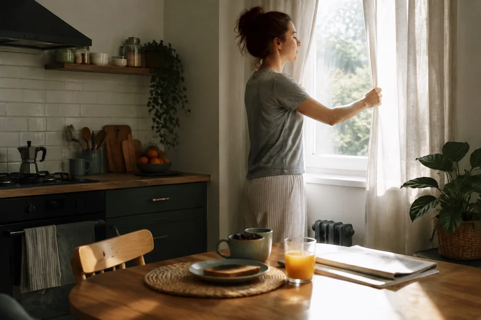 Illustrative photograph of a woman opening a kitchen curtain beside a breakfast table in morning light.
