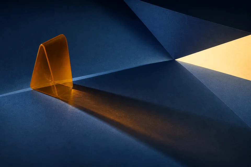 Editorial illustration of a translucent amber form casting a shadow across folded dark blue paper.