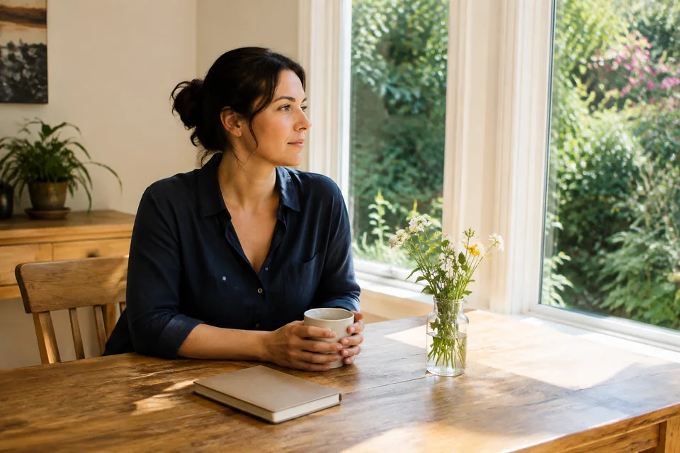Illustrative photograph of a woman seated at a sunny dining table with a closed journal, mug and vase of flowers.