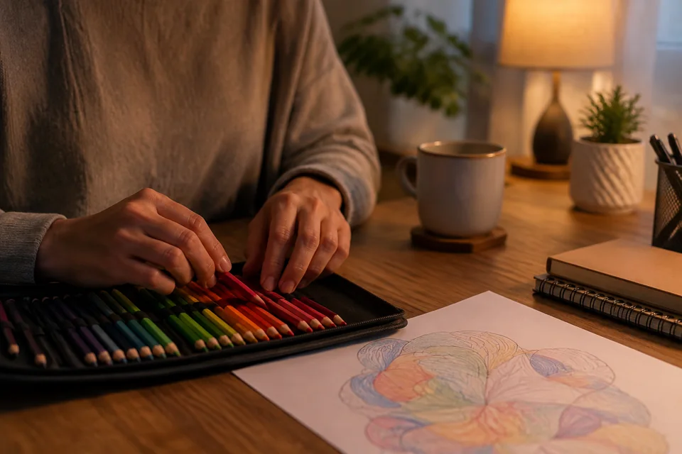 Illustrative photograph of hands choosing coloured pencils beside an abstract drawing on a warmly lit home desk.