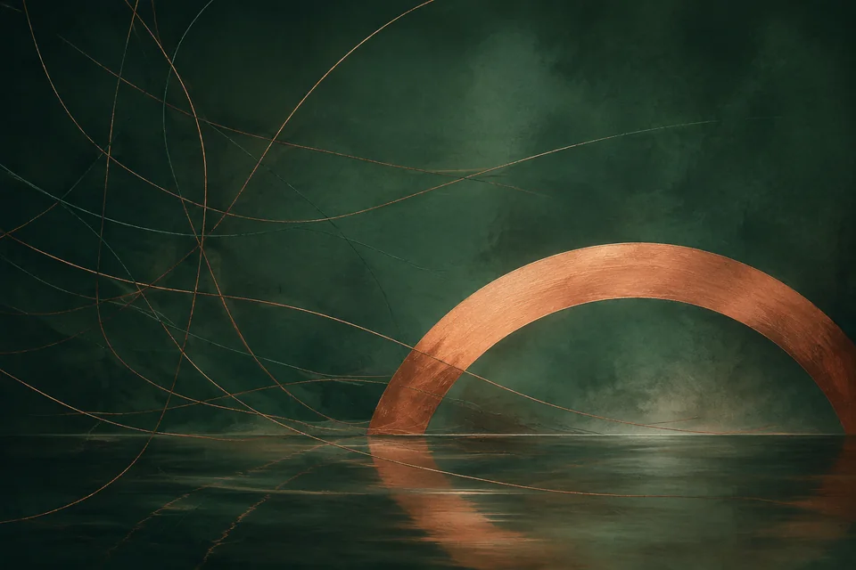 Editorial illustration of fine crossing threads and a broad copper arc against a textured green background.