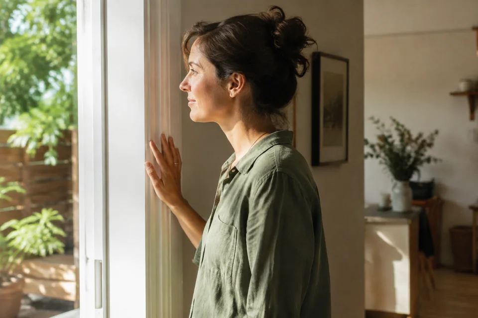 Illustrative photograph of a woman in a green shirt resting one hand against a sunny home doorway.