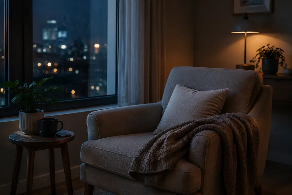 Illustrative photograph of an empty armchair with a knitted cardigan beside a nighttime window and softly glowing lamp.