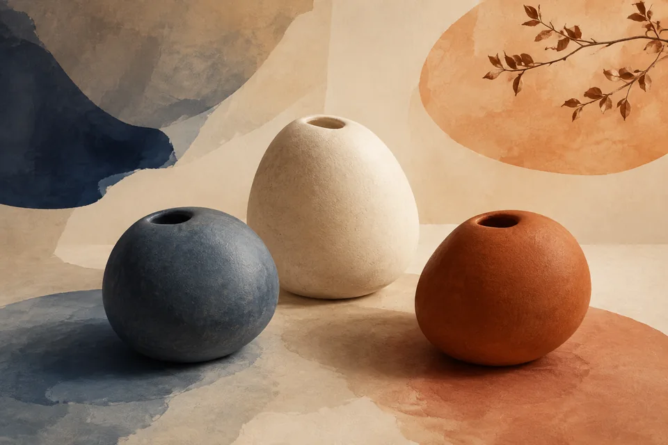 Editorial illustration of three rounded ceramic forms in blue, ivory and russet with soft coloured shadows.