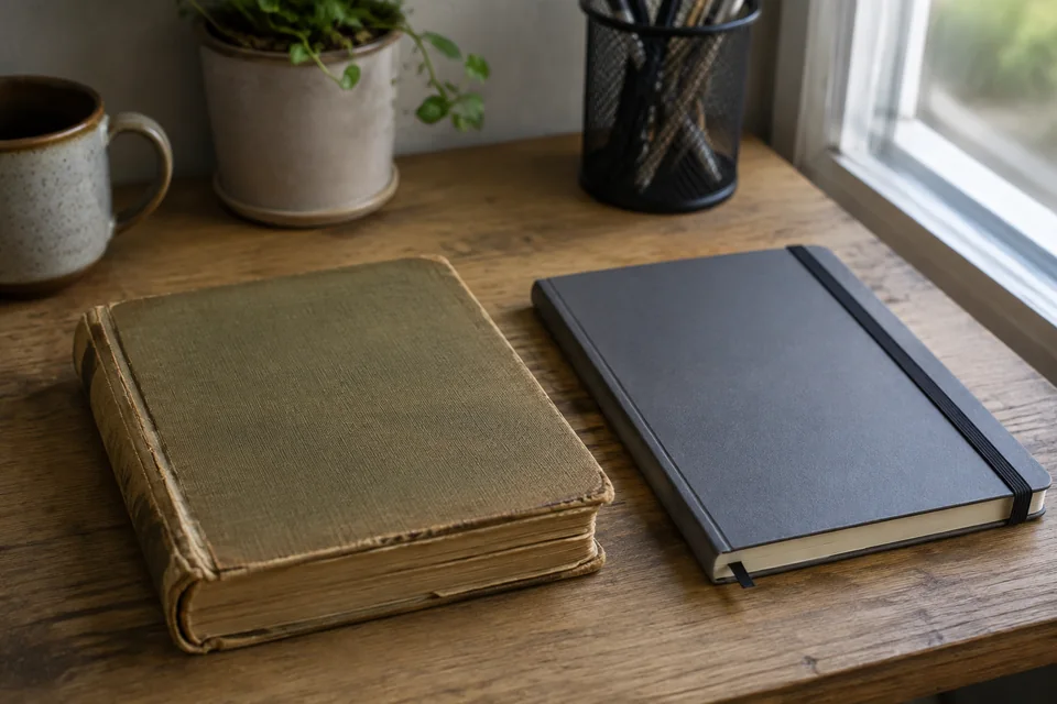 Illustrative photograph of a worn clothbound book beside a closed modern grey notebook on a wooden desk.