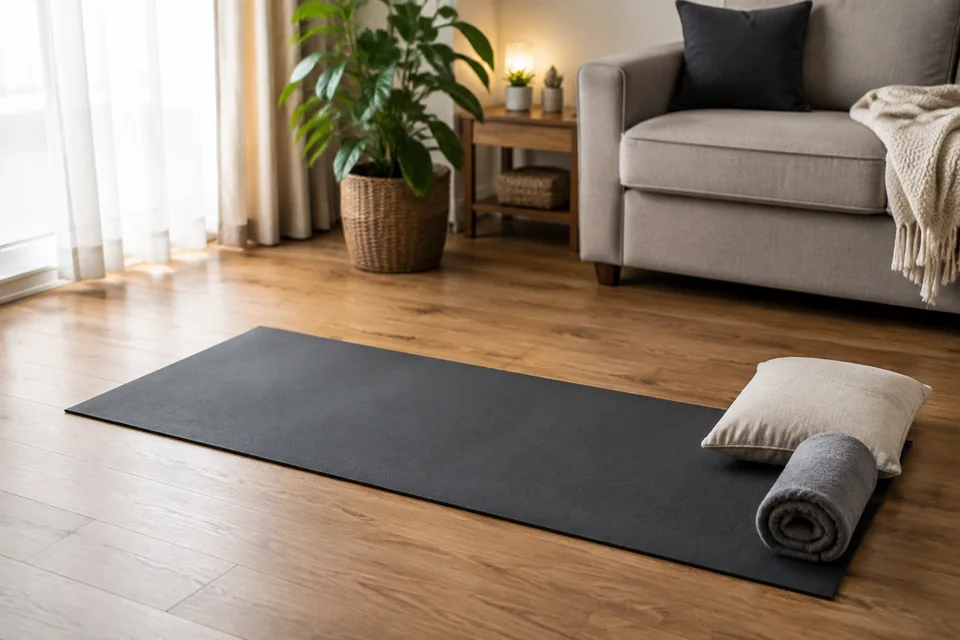Illustrative photograph of an empty exercise mat with a cushion and rolled towel in a sunlit living room.